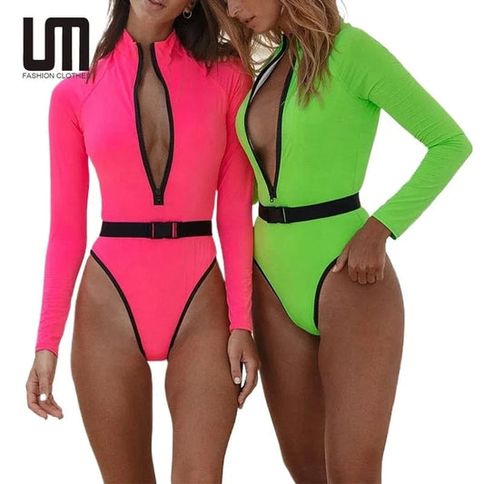 Liu Ming Custom Logo Printed Sexy Long Sleeve Surfing Swimwear Bathing Suit Beachwear Women Bikini One Piece Swimsuit