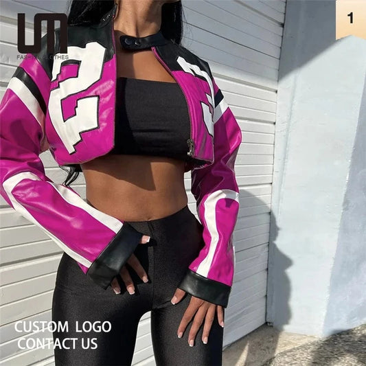 Liu Ming Custom Logo Wholesale 2023 Autumn Streetwear Women Faux Leather Embroidery Jackets Zipper Patchwork Coat