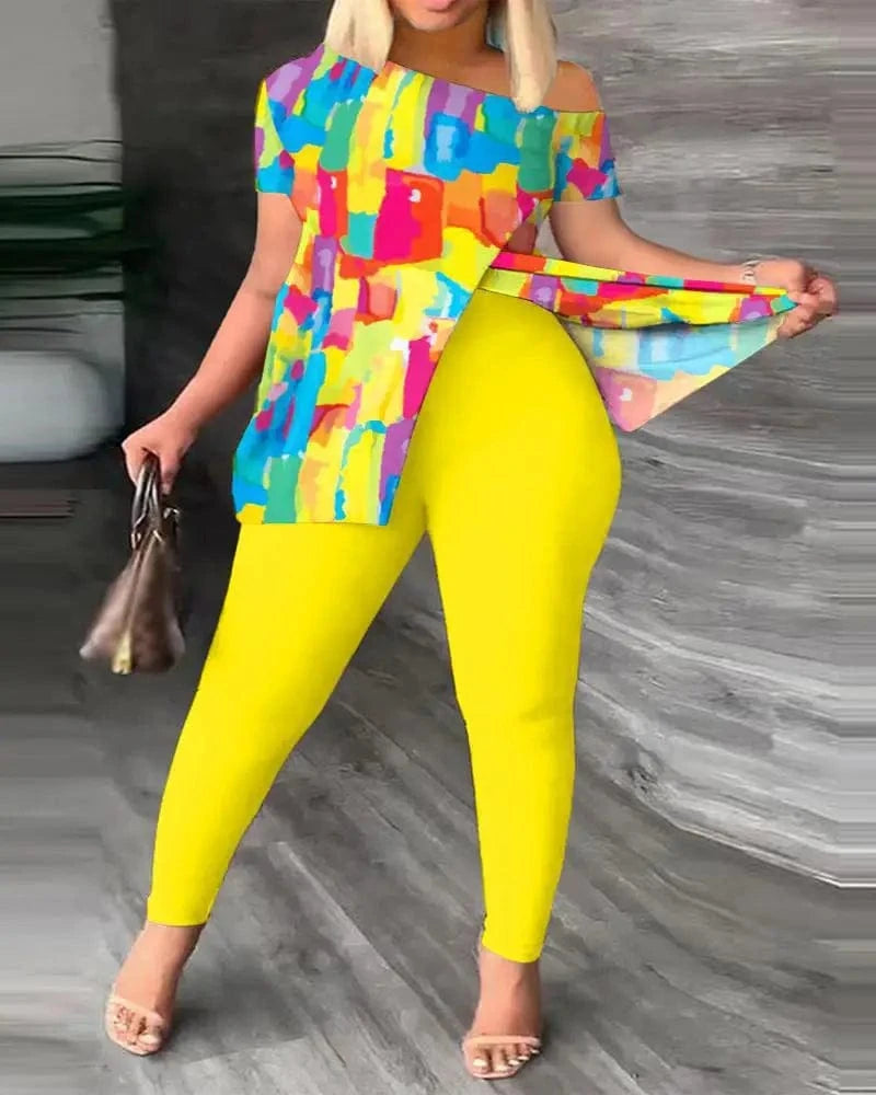 Liu Ming Custom Logo Wholesale Women Summer Two Pieces Casual Print Tops Pants Set