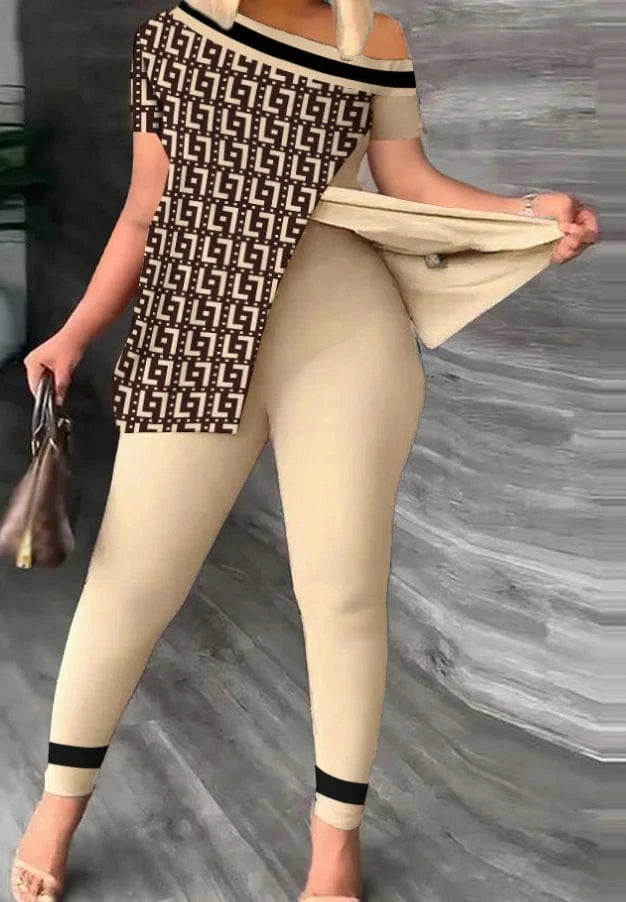 Liu Ming Custom Logo Wholesale Women Summer Two Pieces Casual Print Tops Pants Set