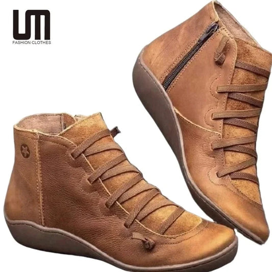 Liu Ming Dropshipping Wholesale 2024 Autumn Winter Women Retro Fashion Pu Leather Flat Ankle Shoes