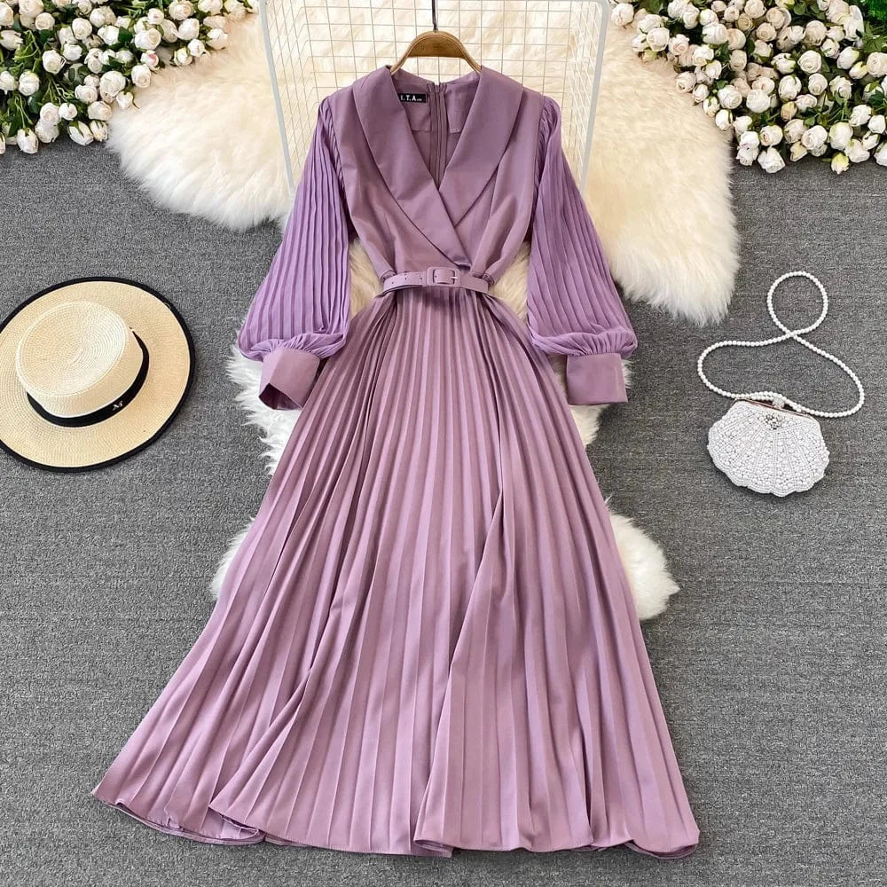 Liu Ming Elegant Elegant 2024 Streetwear Women Y2K Retro Sexy Casual Zipper Solid V Neck High Waist Pleated A Line Dress