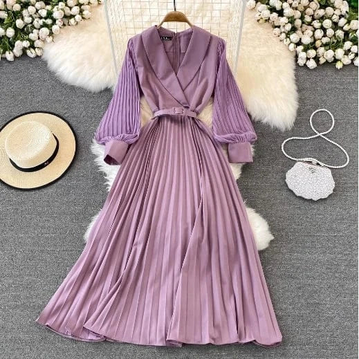 Liu Ming Elegant Elegant 2024 Streetwear Women Y2K Retro Sexy Casual Zipper Solid V Neck High Waist Pleated A Line Dress