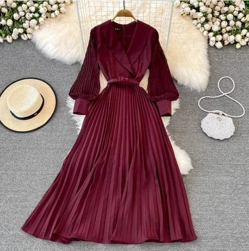 Liu Ming Elegant Elegant 2024 Streetwear Women Y2K Retro Sexy Casual Zipper Solid V Neck High Waist Pleated A Line Dress