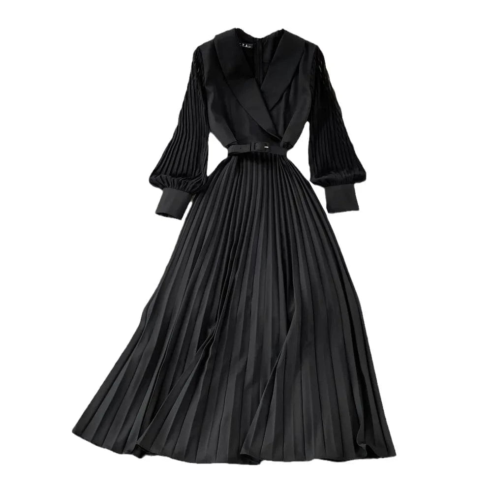 Liu Ming Elegant Elegant 2024 Streetwear Women Y2K Retro Sexy Casual Zipper Solid V Neck High Waist Pleated A Line Dress