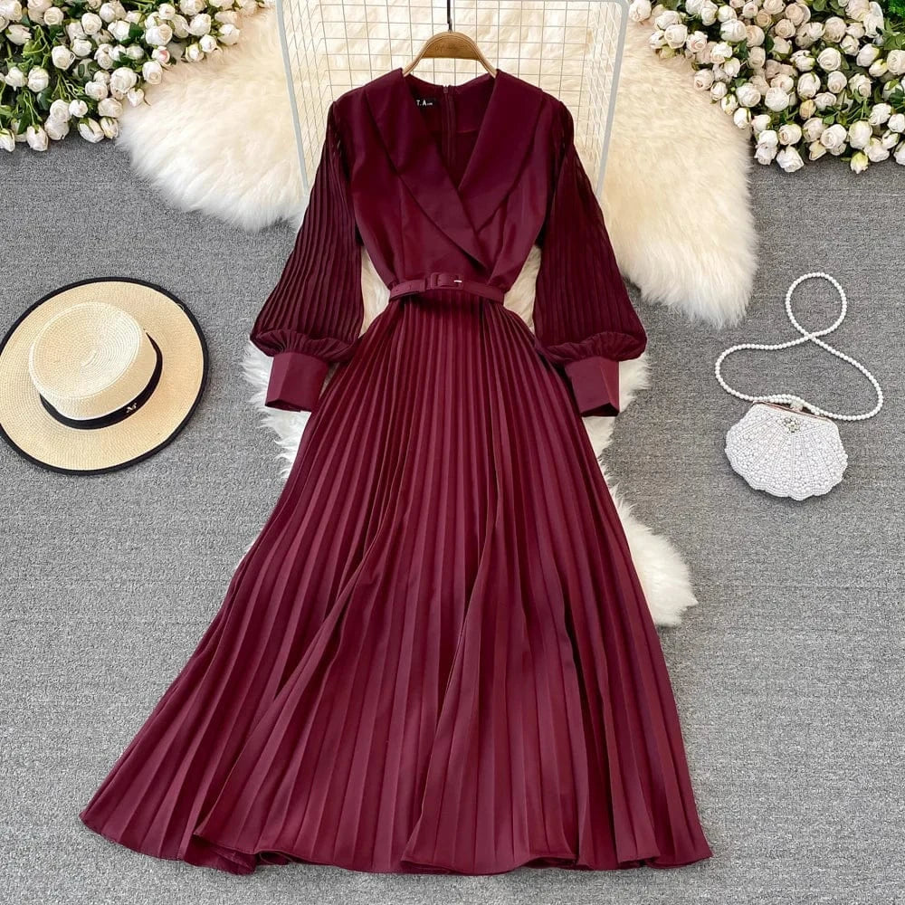 Liu Ming Elegant Elegant 2024 Streetwear Women Y2K Retro Sexy Casual Zipper Solid V Neck High Waist Pleated A Line Dress