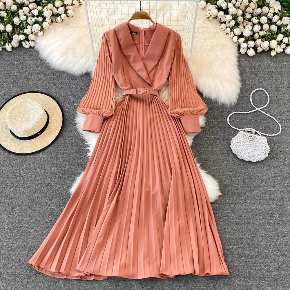 Liu Ming Elegant Elegant 2024 Streetwear Women Y2K Retro Sexy Casual Zipper Solid V Neck High Waist Pleated A Line Dress
