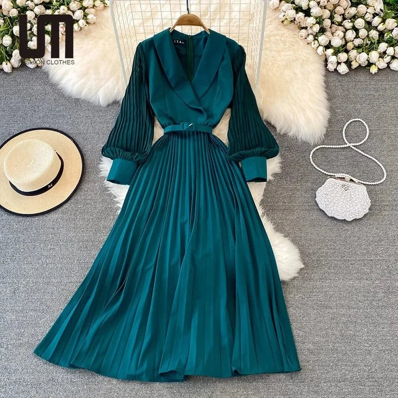 Liu Ming Elegant Elegant 2024 Streetwear Women Y2K Retro Sexy Casual Zipper Solid V Neck High Waist Pleated A Line Dress