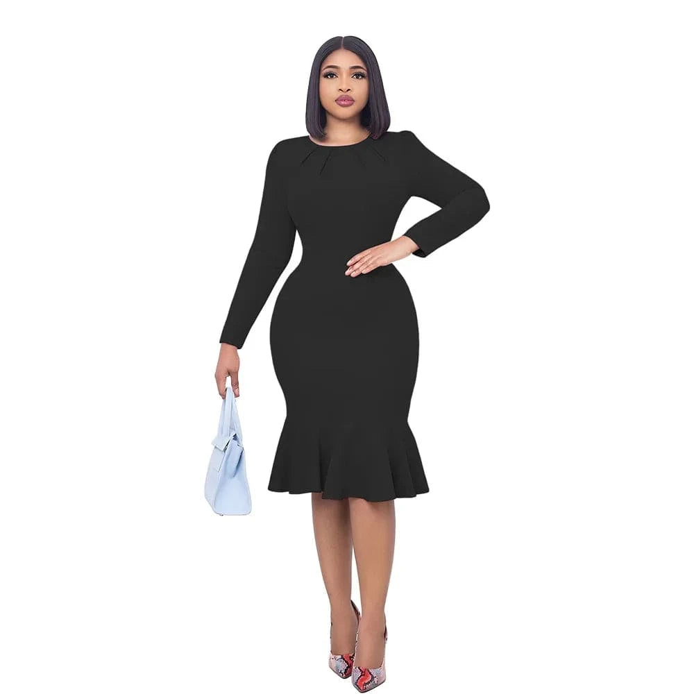 Liu Ming Elegant Wholesale 2024 Autumn Women Clothing Casual Long Sleeve Round Neck Fishtail Dress