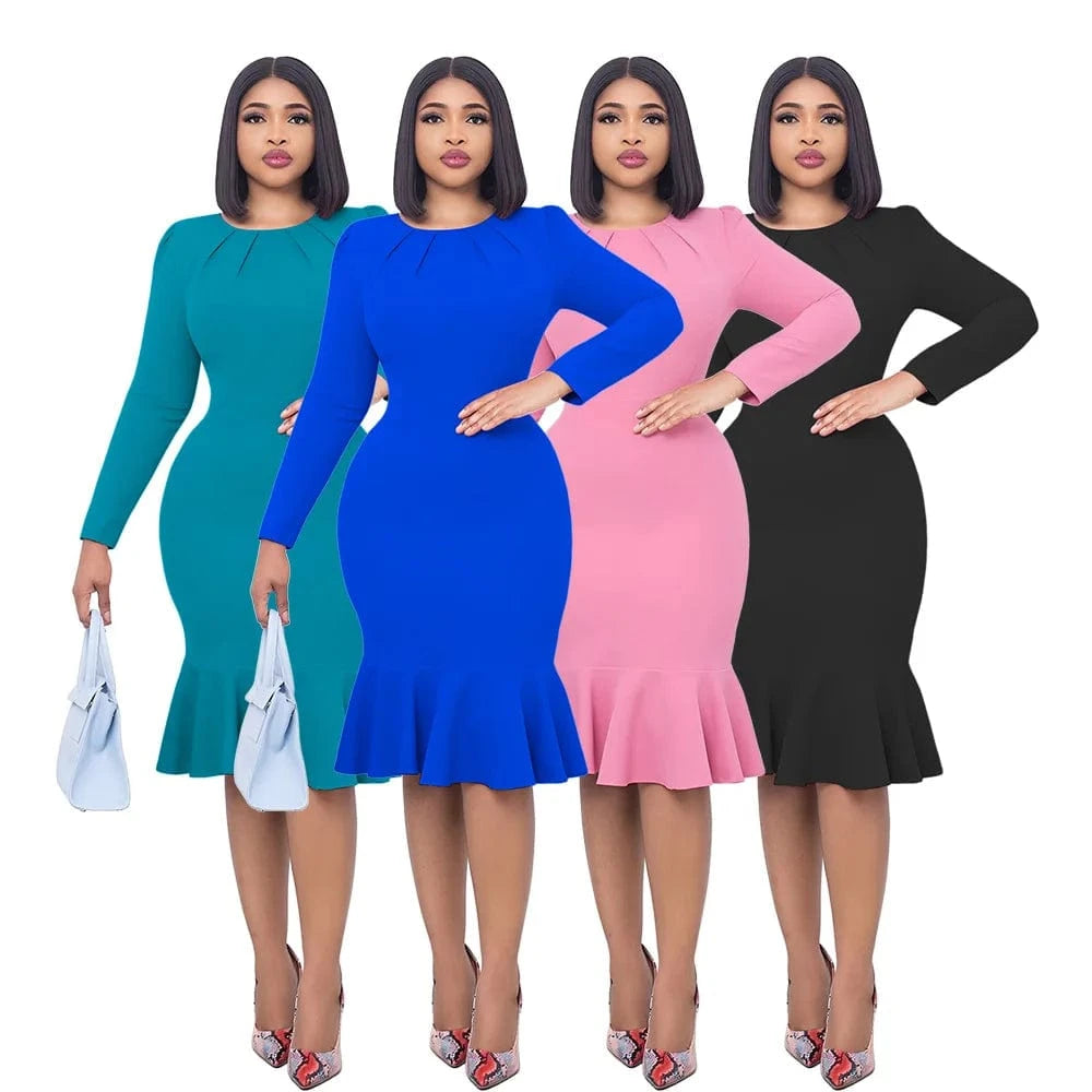 Liu Ming Elegant Wholesale 2024 Autumn Women Clothing Casual Long Sleeve Round Neck Fishtail Dress