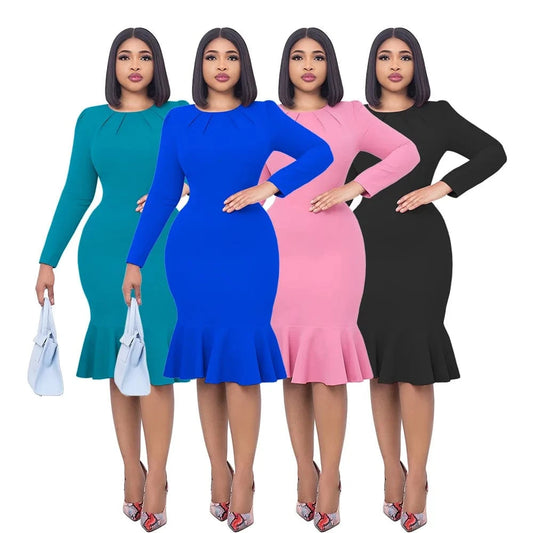 Liu Ming Elegant Wholesale 2024 Autumn Women Clothing Casual Long Sleeve Round Neck Fishtail Dress