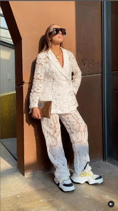 Liu Ming Fall Elegant 2024 New Products Lace Sexy Club Party Style Women Suit Long Sleeve Coat Long Pants Two Piece Set