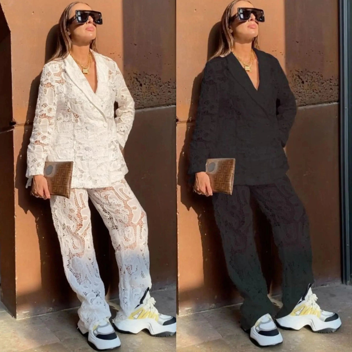 Liu Ming Fall Elegant 2024 New Products Lace Sexy Club Party Style Women Suit Long Sleeve Coat Long Pants Two Piece Set