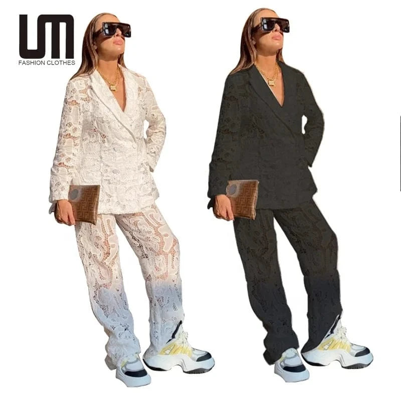 Liu Ming Fall Elegant 2024 New Products Lace Sexy Club Party Style Women Suit Long Sleeve Coat Long Pants Two Piece Set