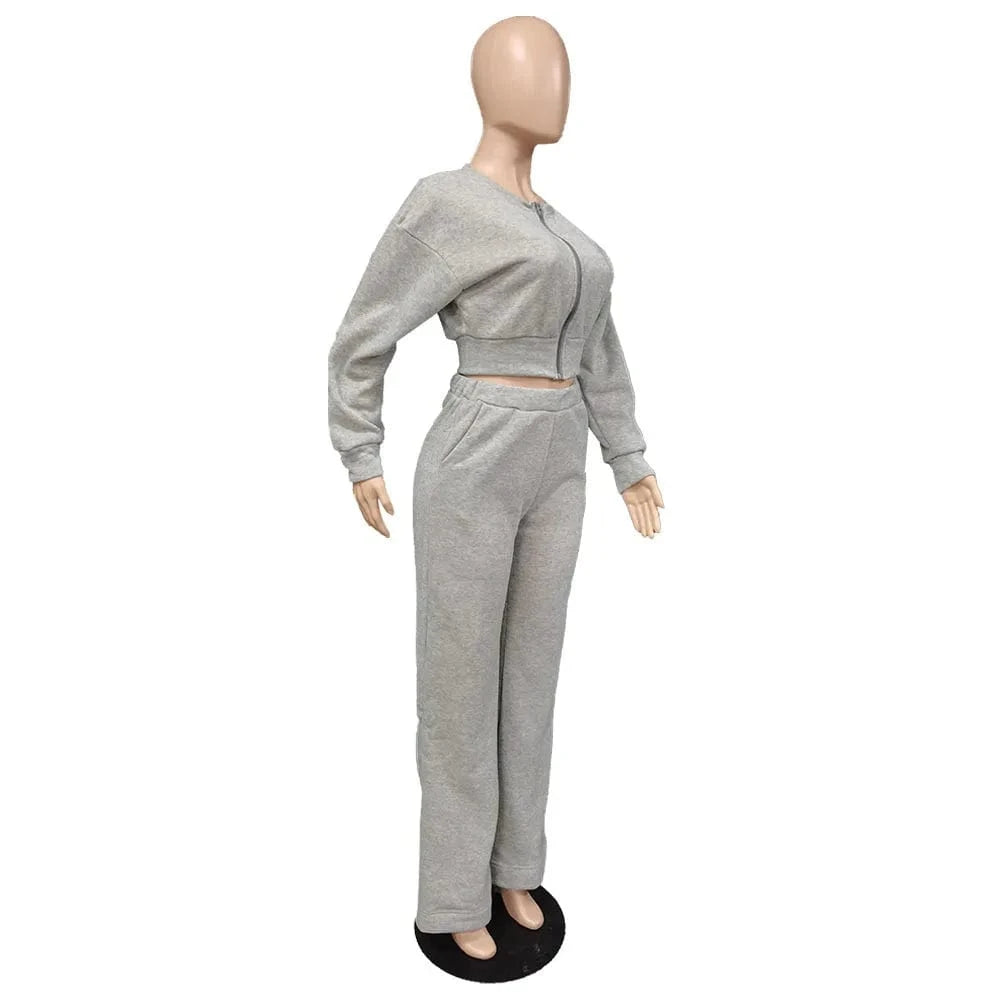 Liu Ming Fall Fashion Women Casual Zipper Long Sleeve Crop Tops Pants Two Piece Set