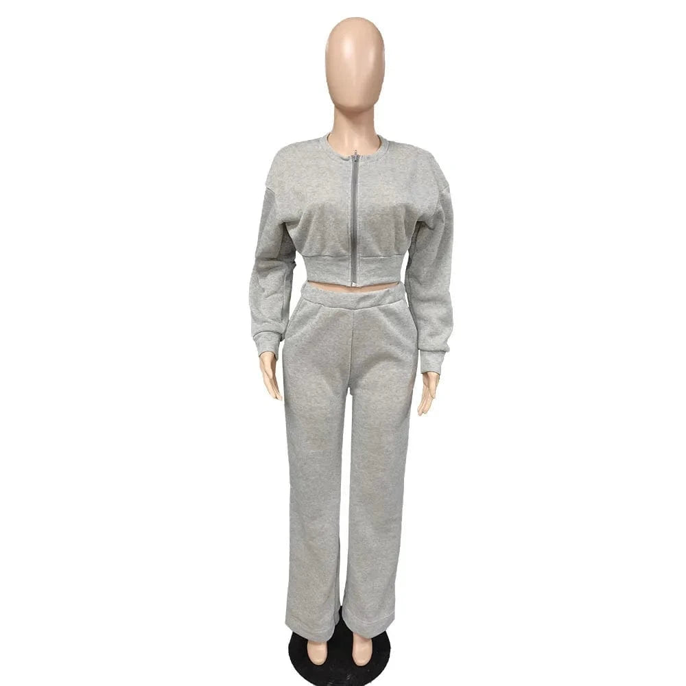 Liu Ming Fall Fashion Women Casual Zipper Long Sleeve Crop Tops Pants Two Piece Set