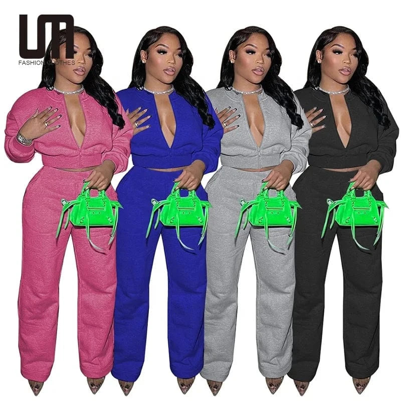 Liu Ming Fall Fashion Women Casual Zipper Long Sleeve Crop Tops Pants Two Piece Set