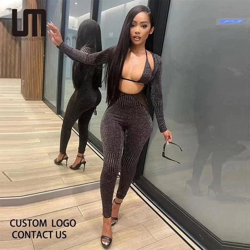 Liu Ming Fall Fashion Women Sexy Two Piece Solid Color Long Sleeve Bodysuits Skinny Elastic Waist Long Pencil Pants Set