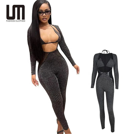 Liu Ming Fall Fashion Women Sexy Two Piece Solid Color Long Sleeve Bodysuits Skinny Elastic Waist Long Pencil Pants Set
