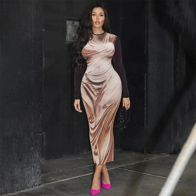 Liu Ming Fall New Arrivals 2024 Women Patchwork 3D Print O Neck Long Sleeve Casual Bodycon Maxi Dress