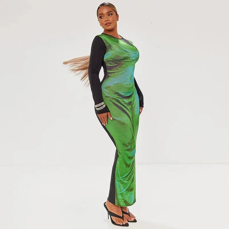 Liu Ming Fall New Arrivals 2024 Women Patchwork 3D Print O Neck Long Sleeve Casual Bodycon Maxi Dress