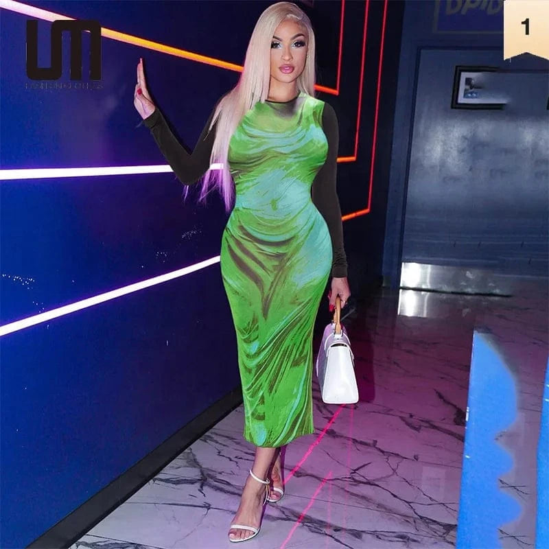 Liu Ming Fall New Arrivals 2024 Women Patchwork 3D Print O Neck Long Sleeve Casual Bodycon Maxi Dress