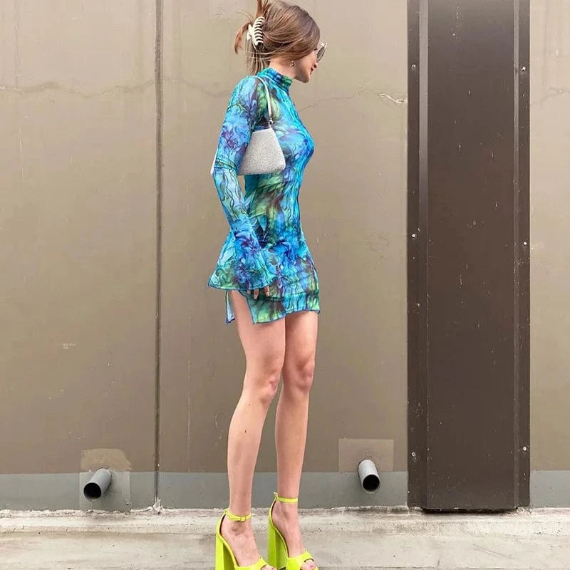 Liu Ming Fall New Arrivals Women Casual Graffiti Printed Party Mesh Sheer Bodycon Mini Dress