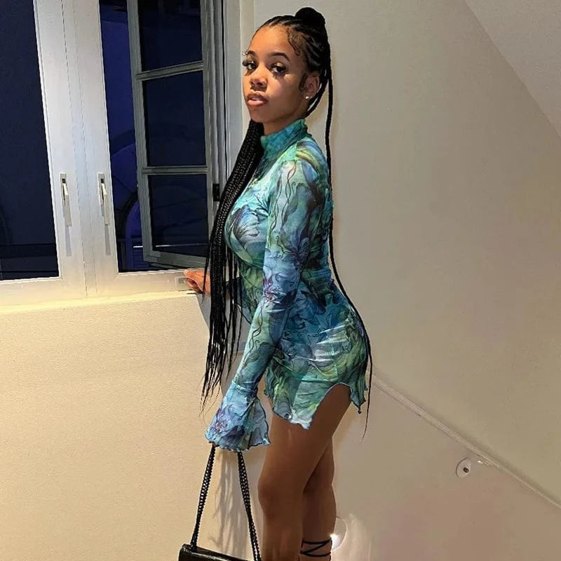 Liu Ming Fall New Arrivals Women Casual Graffiti Printed Party Mesh Sheer Bodycon Mini Dress