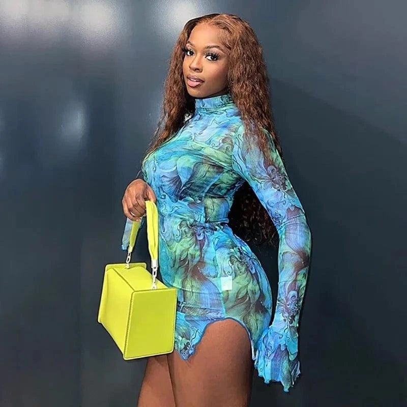 Liu Ming Fall New Arrivals Women Casual Graffiti Printed Party Mesh Sheer Bodycon Mini Dress