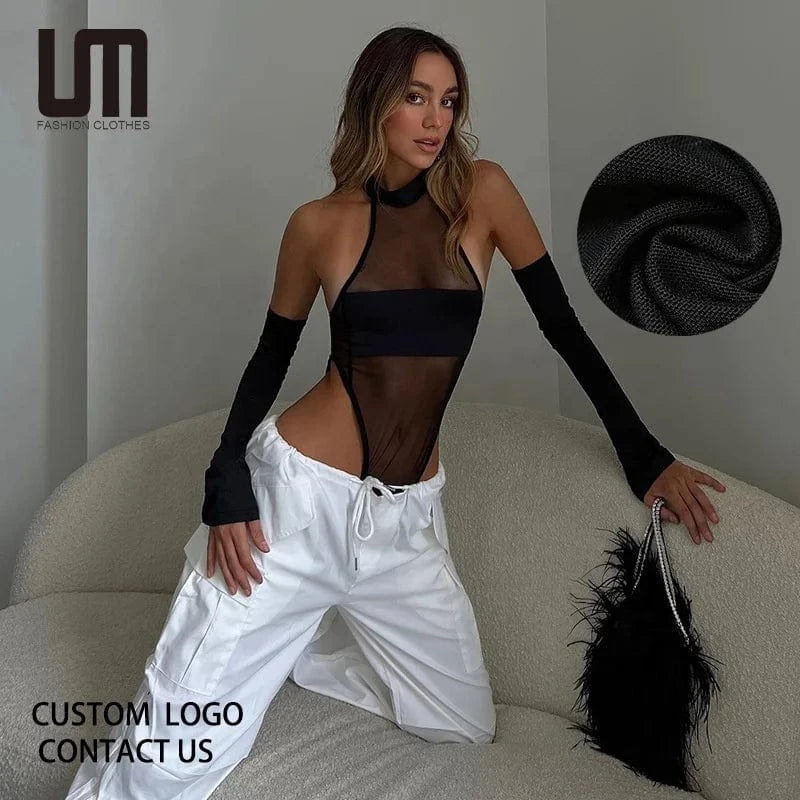 Liu Ming Fall New Style Women Sexy Mesh See Through Thong Bodysuits Romper Jumpsuit