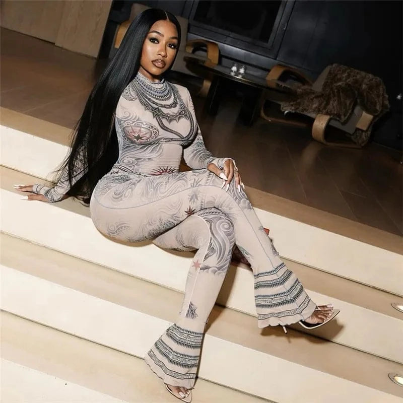 Liu Ming Fall Streetwear Women Casual New Print One Piece Outfits Long Sleeve Bodycon Jumpsuit