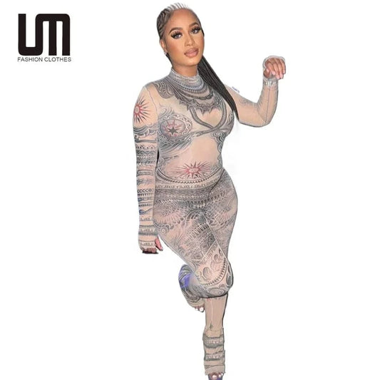 Liu Ming Fall Streetwear Women Casual New Print One Piece Outfits Long Sleeve Bodycon Jumpsuit