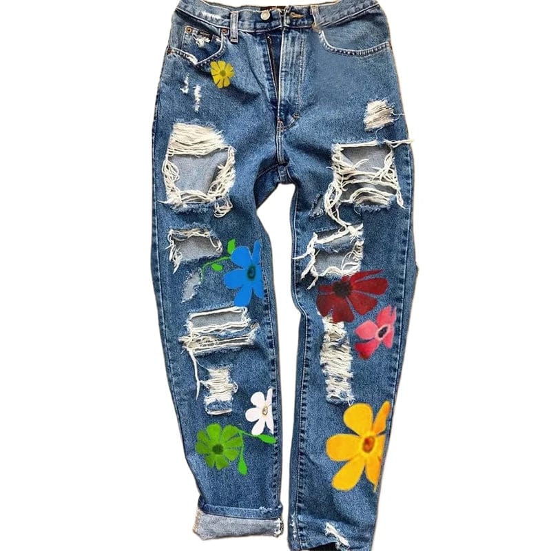 Liu Ming Fashion Trends Women Casual Flower Ladies Pencil Denim Hole Ripped Pattern Jeans