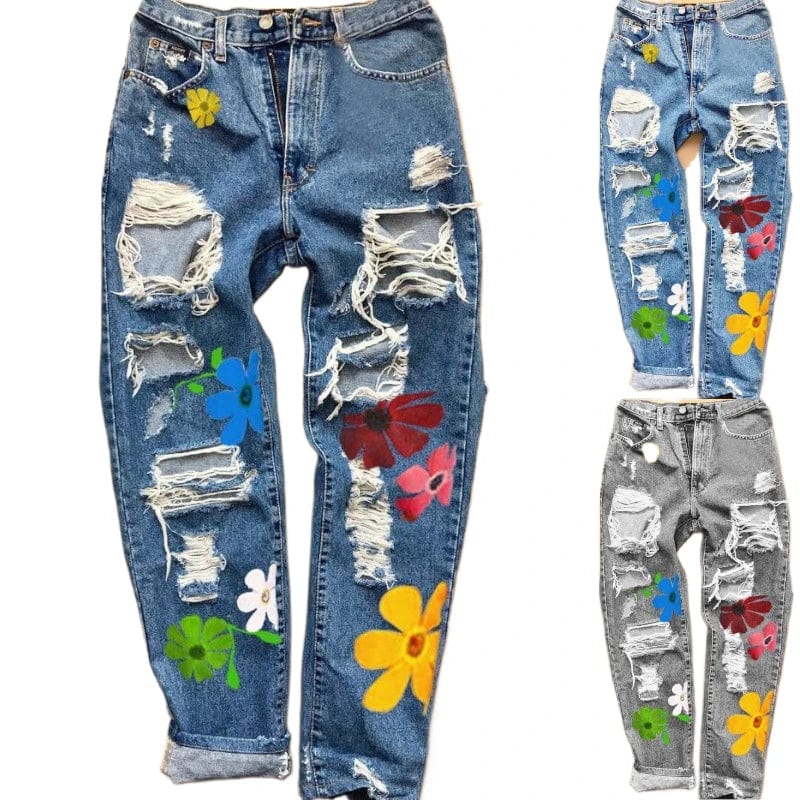 Liu Ming Fashion Trends Women Casual Flower Ladies Pencil Denim Hole Ripped Pattern Jeans