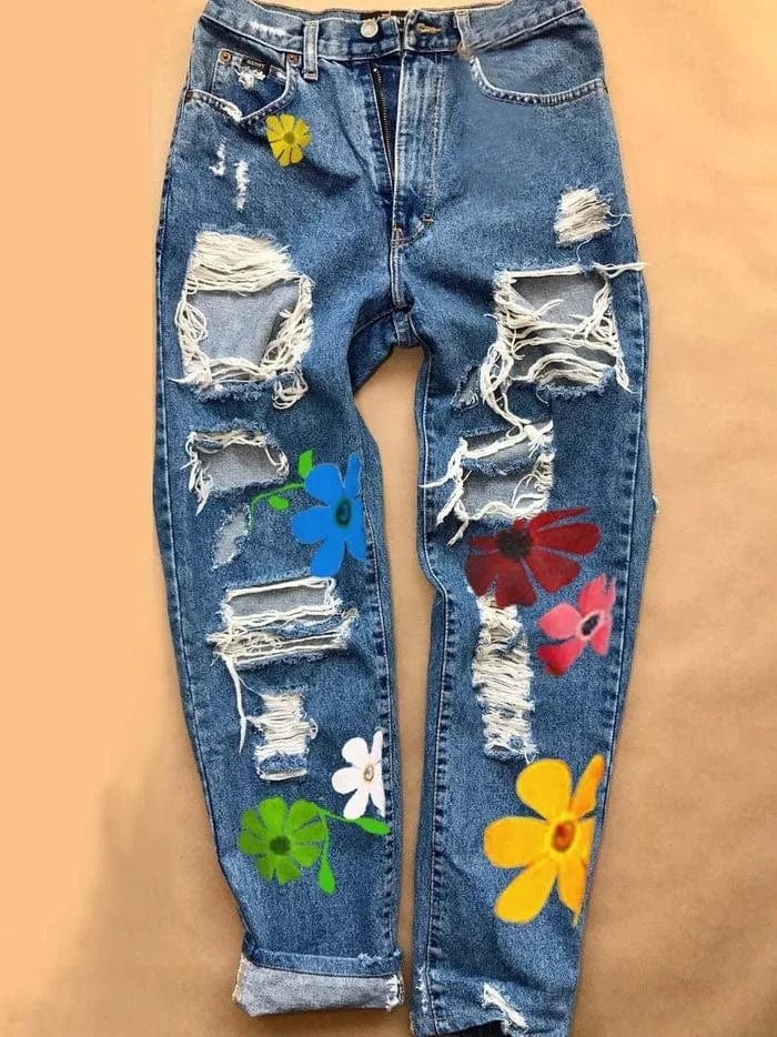 Liu Ming Fashion Trends Women Casual Flower Ladies Pencil Denim Hole Ripped Pattern Jeans