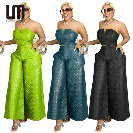Liu Ming Fashion Wholesale 2024 Women Two Piece Outfits Solid Color Strapless Tank Tops Wide Leg Pants Casual Set