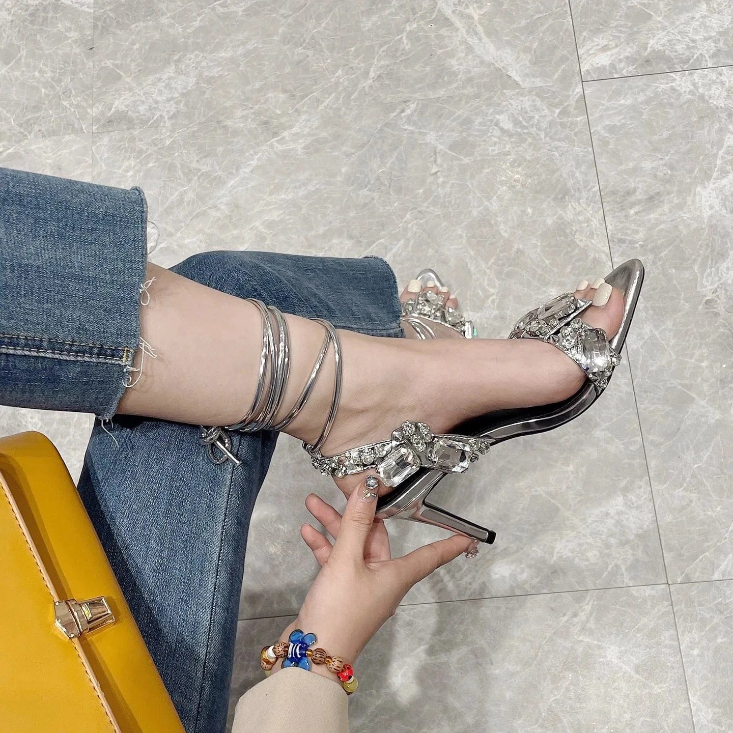 Liu Ming Fashionable New Arrivals Women Sexy Bling Crystal Party Sandals Luxury Rhinestone Strap Cross Shoes High Heel