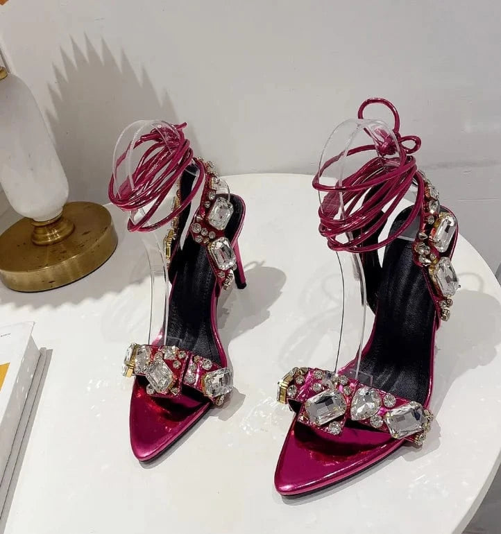 Liu Ming Fashionable New Arrivals Women Sexy Bling Crystal Party Sandals Luxury Rhinestone Strap Cross Shoes High Heel