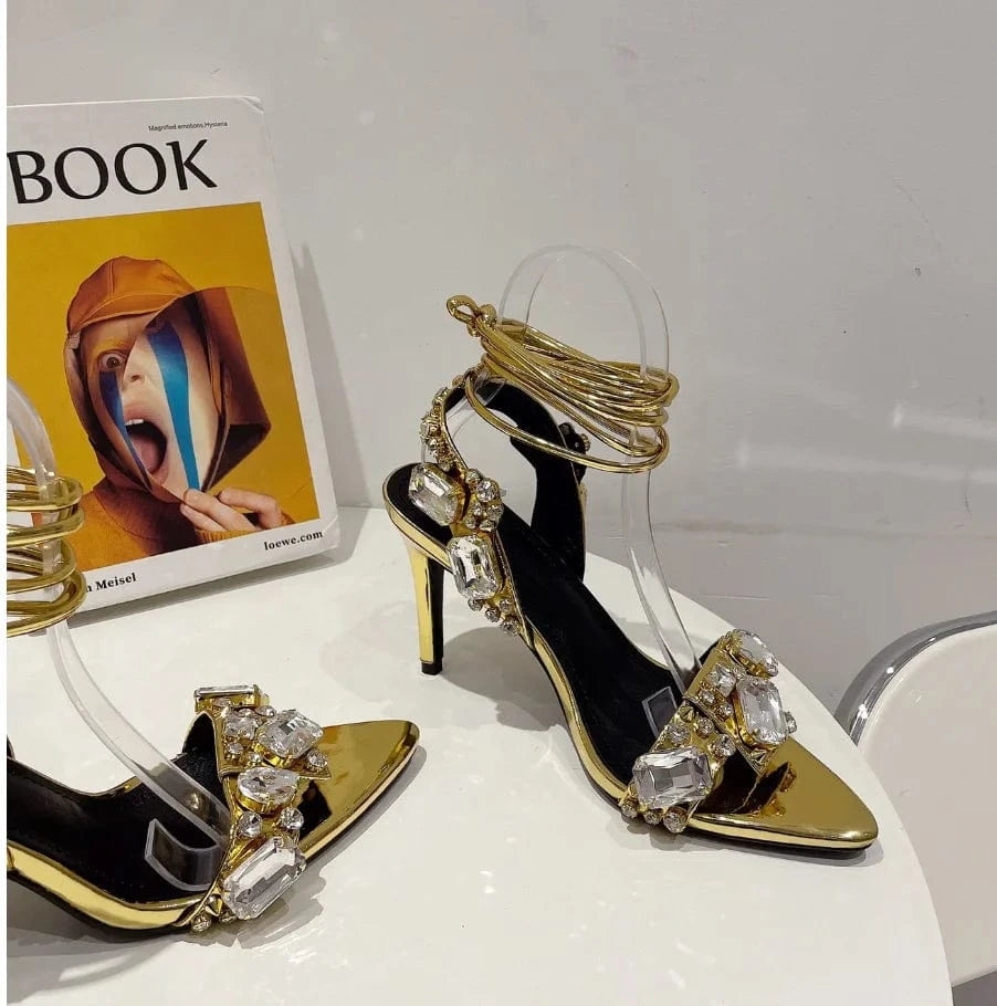 Liu Ming Fashionable New Arrivals Women Sexy Bling Crystal Party Sandals Luxury Rhinestone Strap Cross Shoes High Heel
