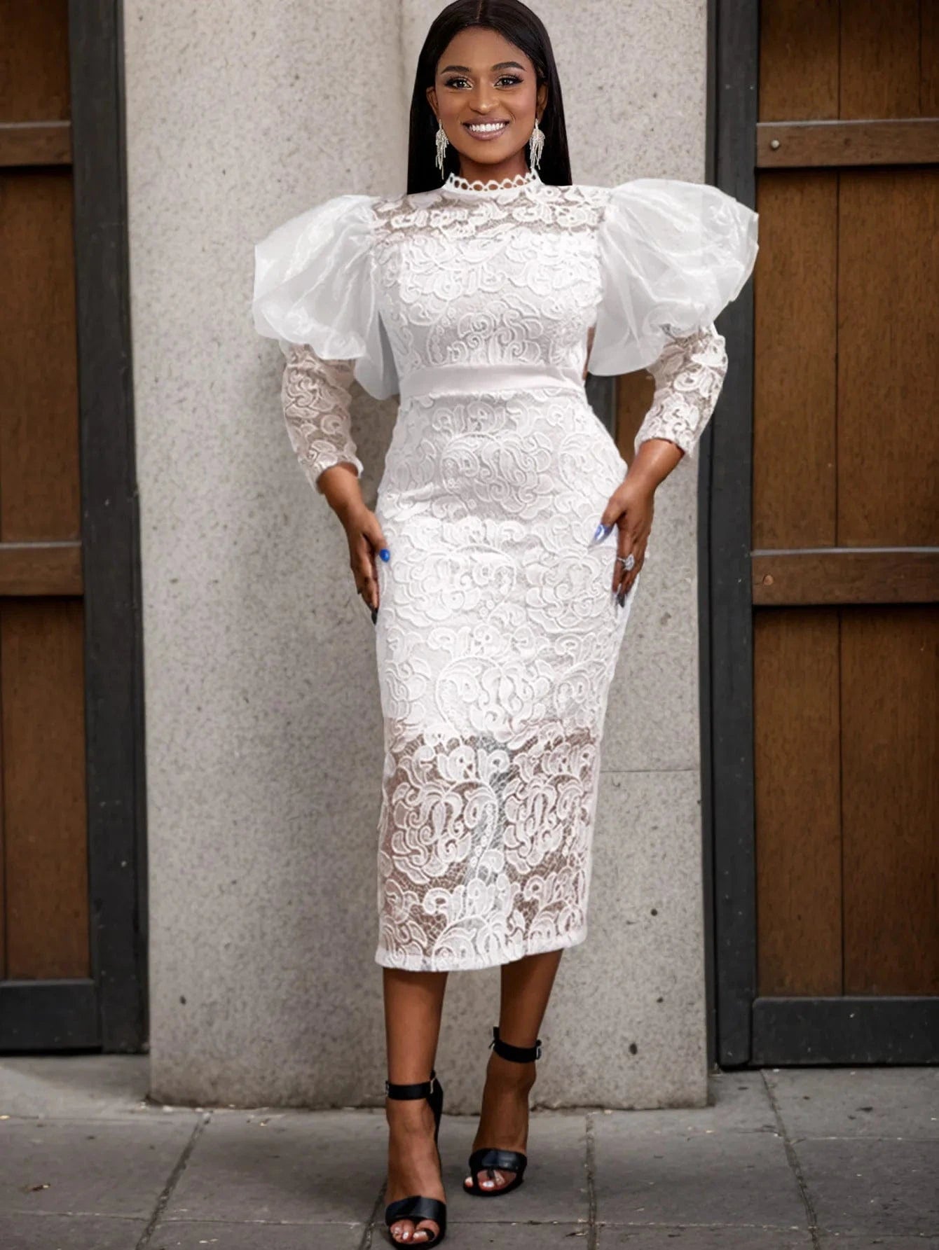 Liu Ming High Fashion 2024 Elegant Retro High Waist Bodycon Puff Long Sleeve Evening Prom Gowns White Lace Dresses For Women