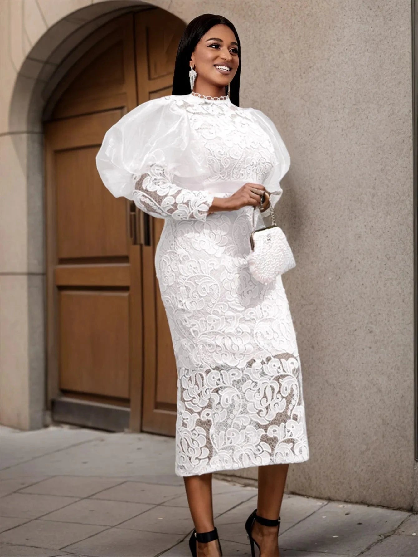 Liu Ming High Fashion 2024 Elegant Retro High Waist Bodycon Puff Long Sleeve Evening Prom Gowns White Lace Dresses For Women