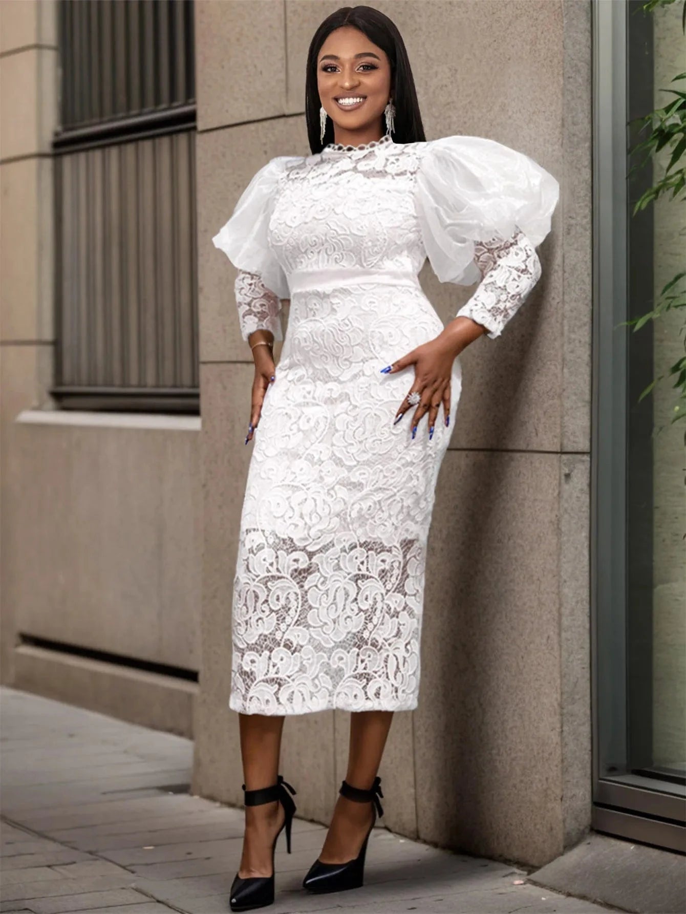 Liu Ming High Fashion 2024 Elegant Retro High Waist Bodycon Puff Long Sleeve Evening Prom Gowns White Lace Dresses For Women