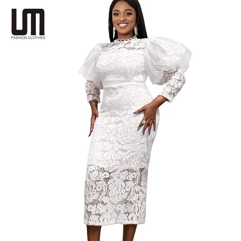 Liu Ming High Fashion 2024 Elegant Retro High Waist Bodycon Puff Long Sleeve Evening Prom Gowns White Lace Dresses For Women