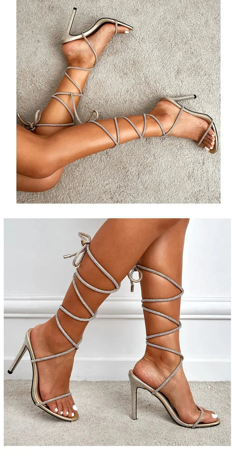 Liu Ming High Fashion Wholesale Women Sexy Summer Crystal Rope Tube Cross Rhinestone High Heel Ankle Sandals