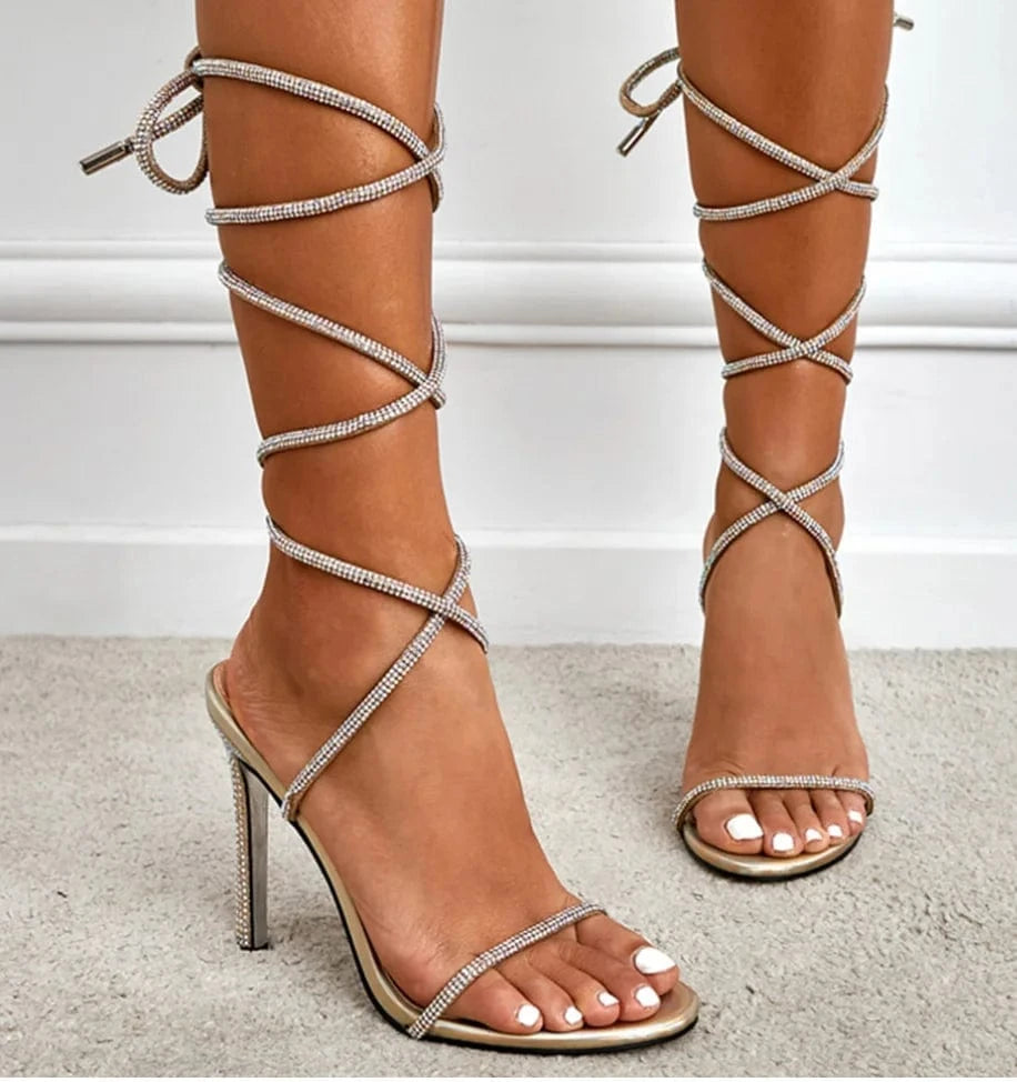 Liu Ming High Fashion Wholesale Women Sexy Summer Crystal Rope Tube Cross Rhinestone High Heel Ankle Sandals