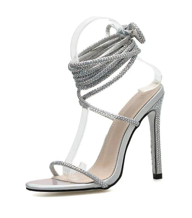 Liu Ming High Fashion Wholesale Women Sexy Summer Crystal Rope Tube Cross Rhinestone High Heel Ankle Sandals