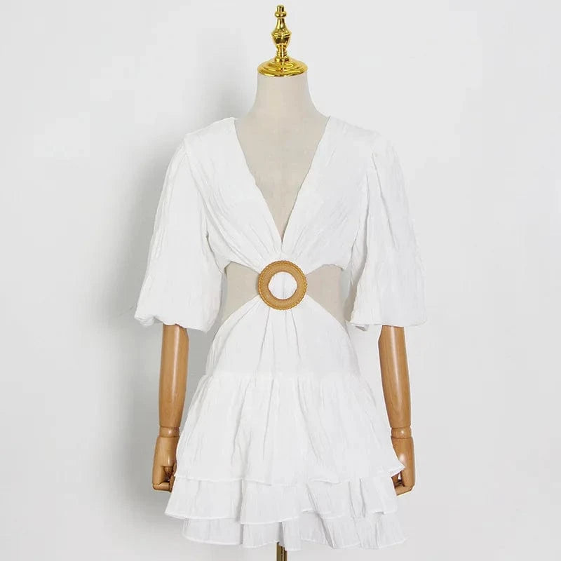 Liu Ming Hot Selling 2024 Elegant Women Summer V Neck Backless Casual Loose A Line Short Dress