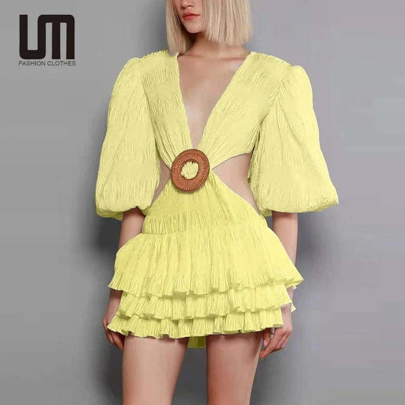 Liu Ming Hot Selling 2024 Elegant Women Summer V Neck Backless Casual Loose A Line Short Dress