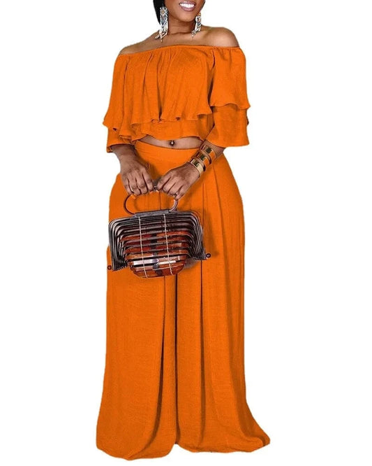 Liu Ming Hot Selling Custom 2024 Summer Women Ruffle Off Shoulder Tops Plus Size Wide Leg Loose Trousers Pants Set