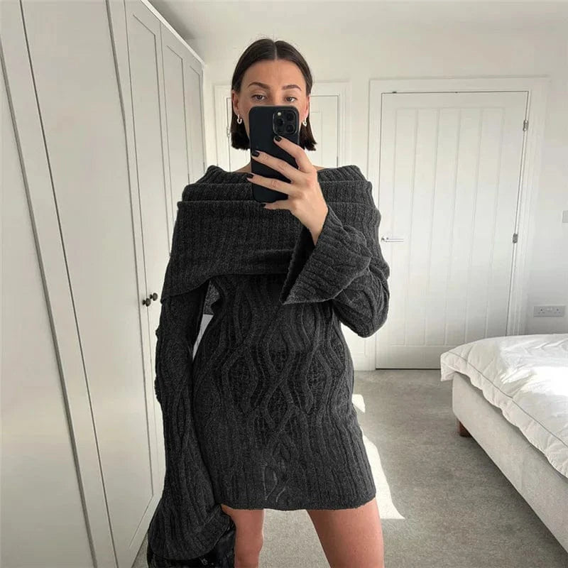 Liu Ming Hot Selling Streetwear 2024 Women Sexy Off Shoulder Long Sleeve Knitted Patchwork Midnight Party Slim Mini Dresses